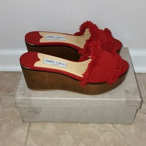 JIMMY CHOO Deedee 80 Frayed Cotton Wood Wedge Sandal 38